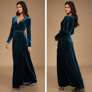 LULU'S Jacinda Teal Blue Velvet Wrap Maxi Dress